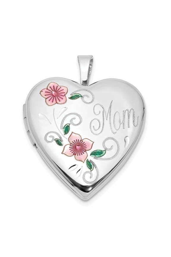 Sterling Silver Heart Locket Pendant Necklace for Women with Pink Enamel Flowers, Green Leaves, Mom Engraving, Sentimental Memorial Keepsake Jewelry for Birthday or Family Remembrance