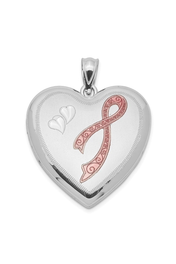 Sterling Silver Heart Locket Pendant Necklace for Women with Pink Ribbon and Raised Hearts, Memorial Jewelry for Breast Cancer Awareness, Support and Remembrance Keepsake
