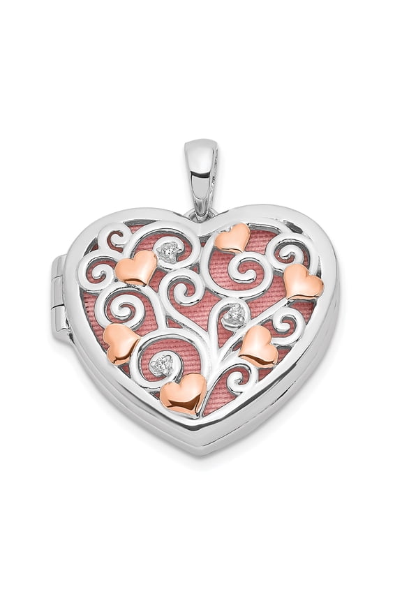 925 Sterling Silver Heart Locket Pendant with Cubic Zirconia and Rose Tone Filigree for Women