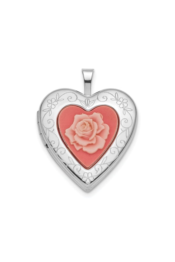 Sterling Silver Heart Locket Pendant with Pink Rose Cameo on Coral, Vintage Floral Necklace for Women, Romantic Sentimental Jewelry in Feminine Scroll Design