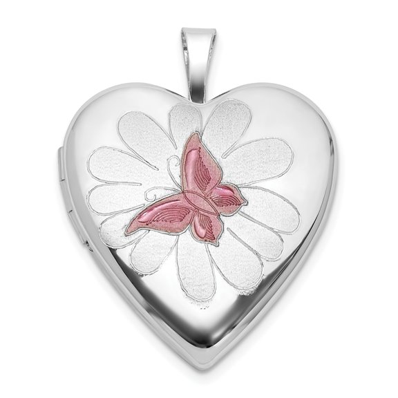 Sterling Silver Heart Locket Pendant Charm with Pink Enamel Butterfly and Flower for Women