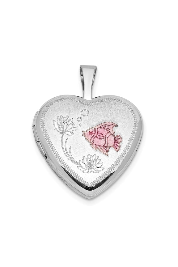 Sterling Silver Heart Locket Pendant for Women with Pink Fish and Water Lilies, Aquatic Symbolic Design, Satin Finish Photo Necklace, Ocean Harmony Keepsake Jewelry