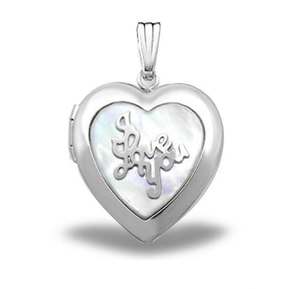 Sterling Silver Heart Mother of Pearl "I Love You" Picture Locket 3/4 Inch X Just over 3/4 Inch Sterling Silver