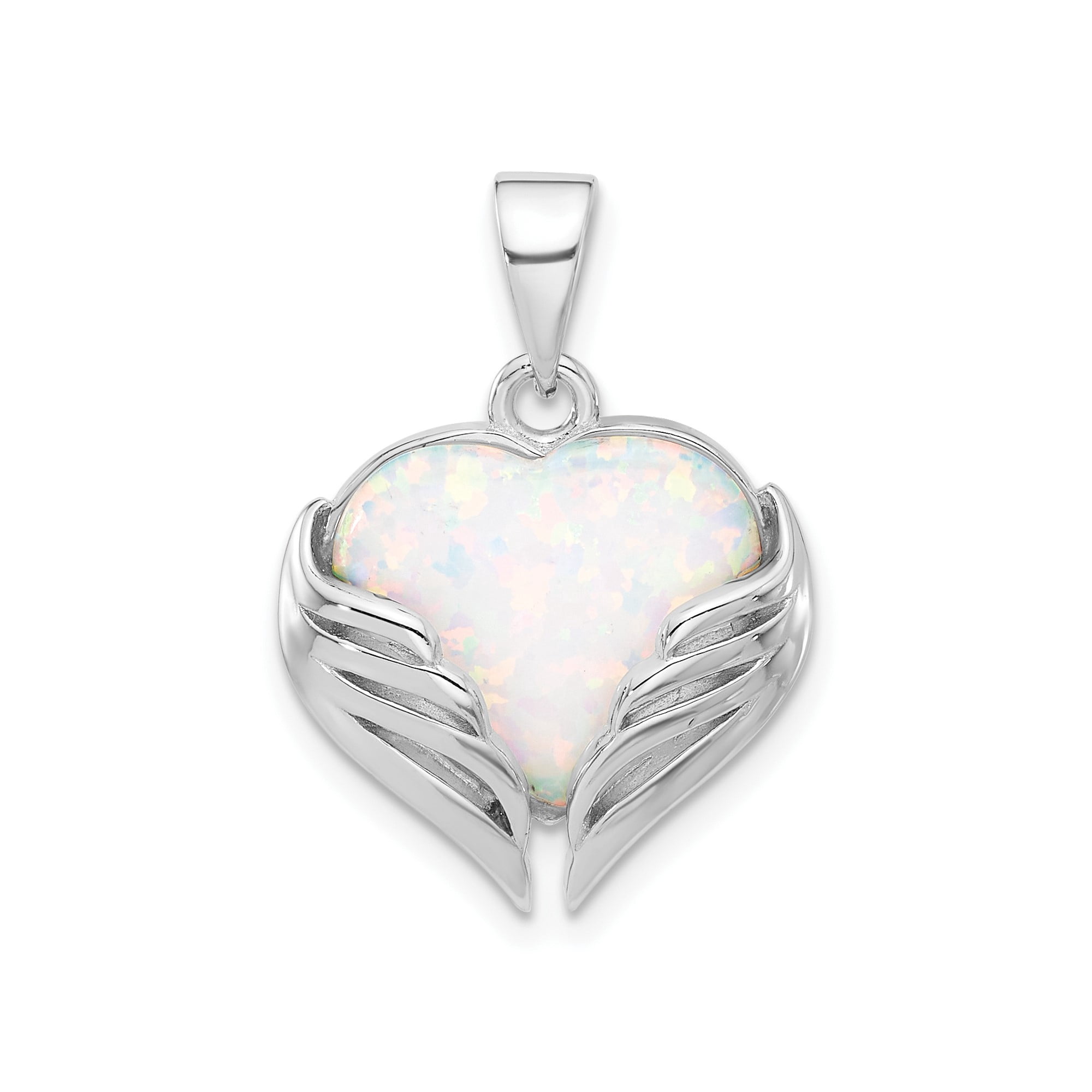 Sentimental Protection Sterling Silver Heart Pendant Necklace with Synthetic Opal, Angel Wing ...