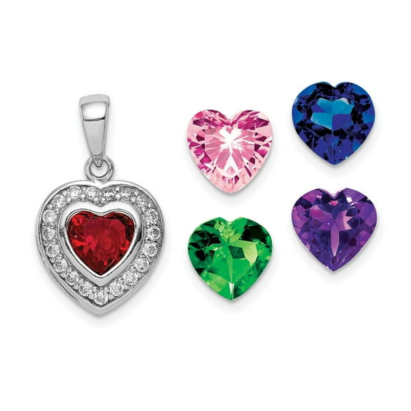 Sterling Silver Heart Pendant Necklace for Women with Interchangeable Red Green Blue Purple Pink Stones and Cubic Zirconia Accents, Romantic Symbolic Customizable Jewelry
