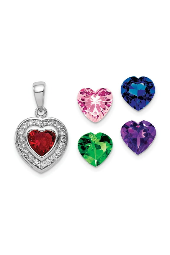 Sterling Silver Heart Pendant Necklace for Women with Interchangeable Red Green Blue Purple Pink Stones and Cubic Zirconia Accents, Romantic Symbolic Customizable Jewelry
