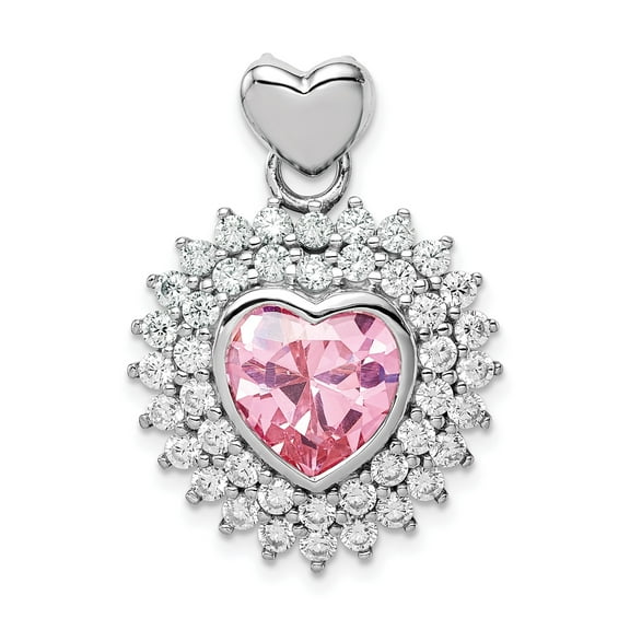 Sterling Silver Heart Pendant Necklace for Women with Pink Center Stone and Clear Cubic Zirconia, Double Heart Symbol of Love, Elegant Romantic Jewelry for Anniversary or Everyday Wear