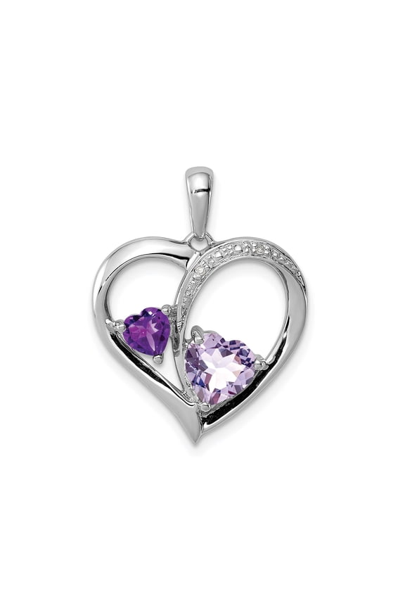 925 Sterling Silver Purple Quartz Amethyst Heart Pendant Charm with Diamond Accents