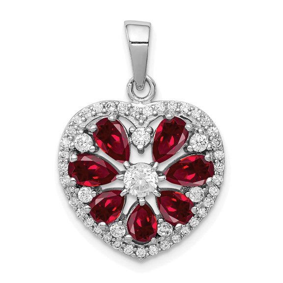 925 Sterling Silver Heart Floral Pendant Charm with Lab Created Ruby and Cubic Zirconia