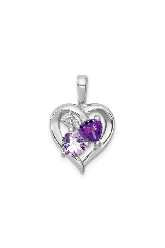 Sterling Silver Heart Pendant Necklace for Women with Light and Dark Purple Amethyst Hearts and Diamond Accent, Romantic February Birthstone Jewelry