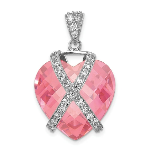 Sterling Silver Heart Pendant Necklace with Pink Crystal and Pavé Ribbon, Breast Cancer Awareness Jewelry for Women, Symbol of Love Hope and Strength