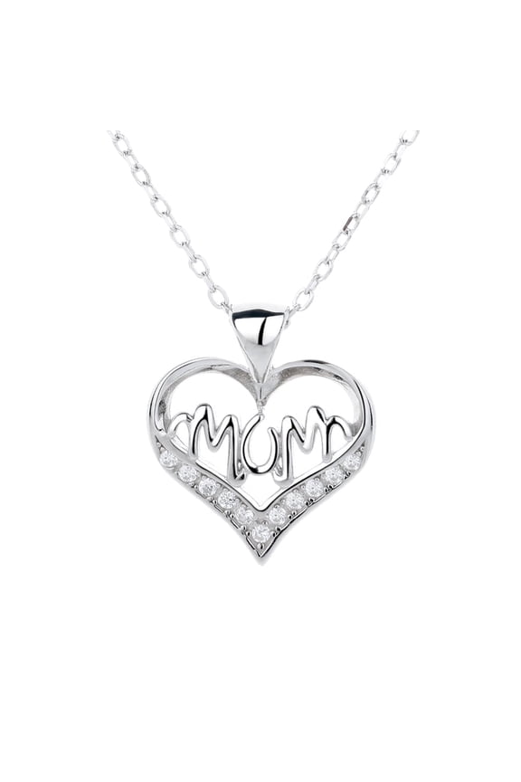 Sterling Silver MOM Heart Pendant Necklace with crystals (Mom, Mother, Mama - Great Gift)