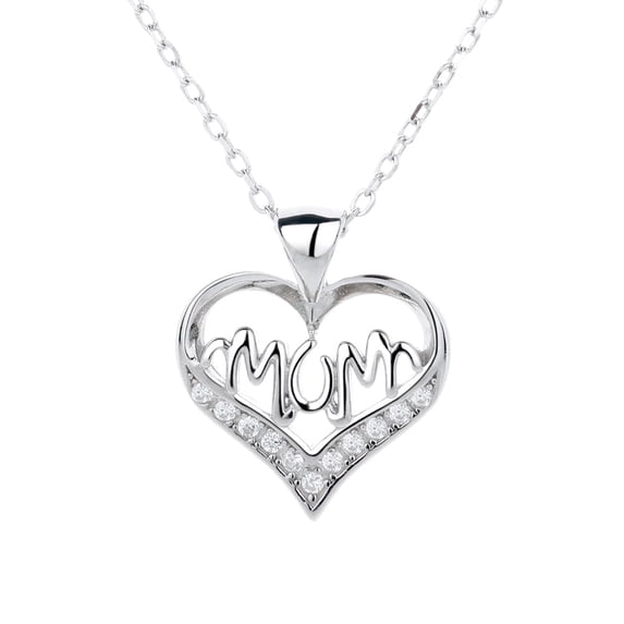 Amy and Annette Sterling Silver MOM Heart Pendant Necklace with crystals (Mom, Mother, Mama - Great Gift)