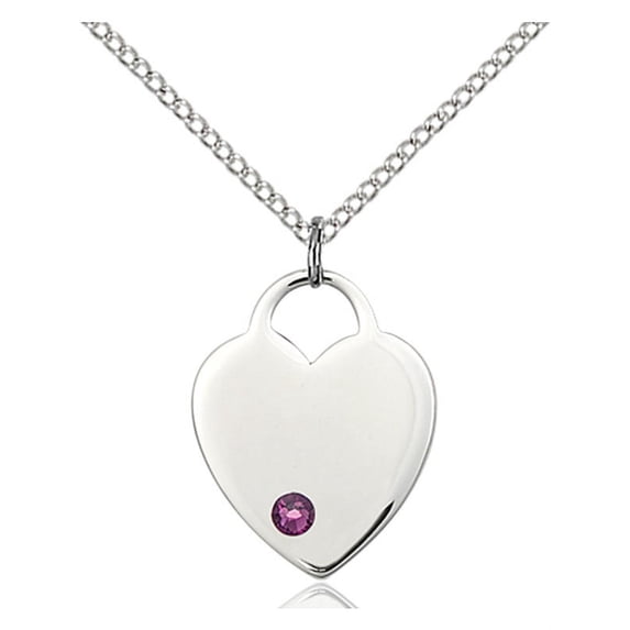 Sterling Silver Heart Pendant with 3mm February Purple Swarovski Crystal 3/4 x 5/8 inches with Lite Curb Chain