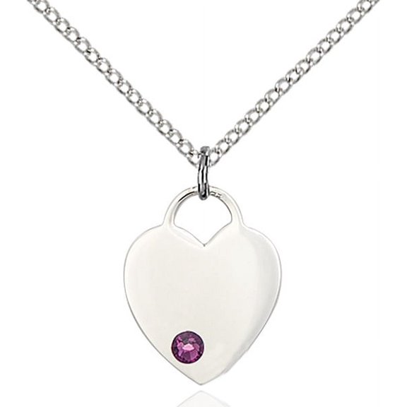 Sterling Silver Heart Pendant with 3mm February Purple Swarovski Crystal 5/8 x 1/2 inches with Lite Curb Chain