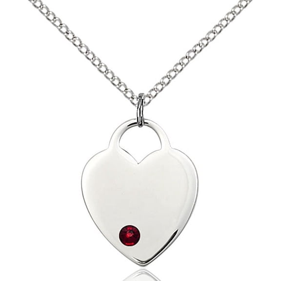 Sterling Silver Heart Pendant with 3mm January Red Swarovski Crystal 3/4 x 5/8 inches with Sterling Silver Lite Curb Chain