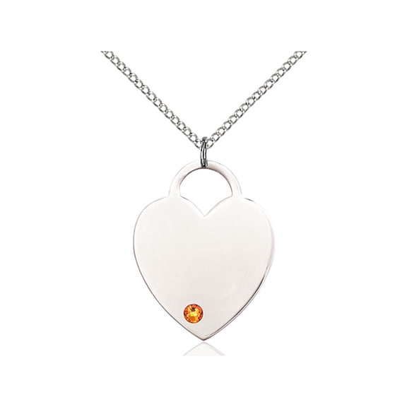 Sterling Silver Heart Pendant with 3mm November Yellow Swarovski Crystal 1 x 3/4 inches with Sterling Silver Lite Curb Chain