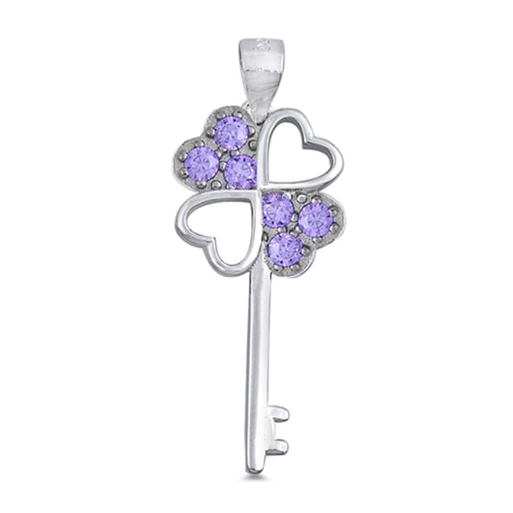 Sterling Silver Heart Shamrock Skeleton Key Pendant Simulated Amethyst Charm Jewelry Female Unisex