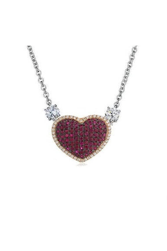 Sterling Silver Heart Shape Pendant, Heart Pendant Necklace, 14k White Gold Plated, Pave Red Ruby Diamond Heart Shape Penddant Necklace