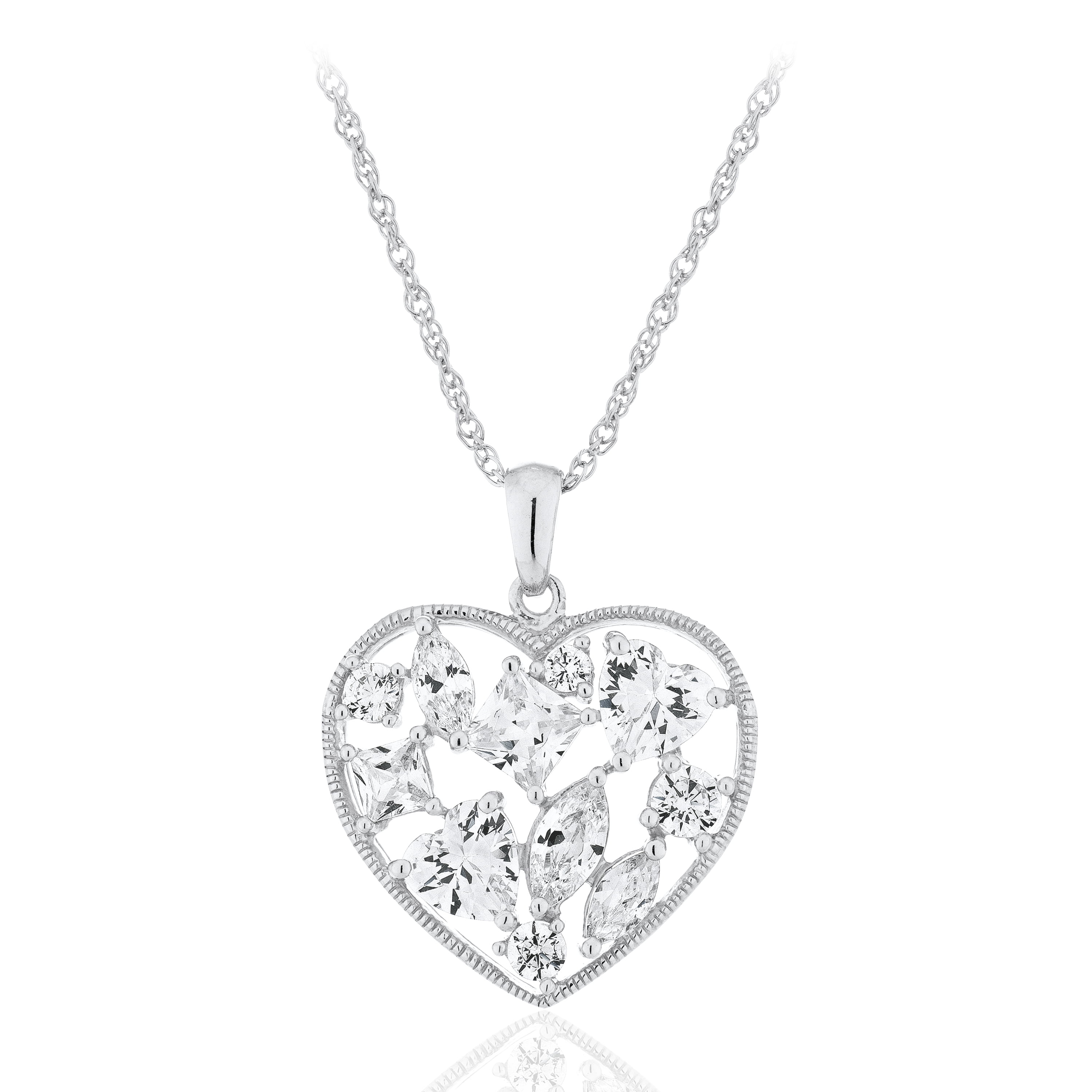 Sterling Silver Heart Simulated Diamond Mixed shapes Scatter Top Pendant with Chain, 18"