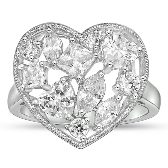 Sterling Silver Heart Simulated Diamond Mixed shapes Scatter Top Ring