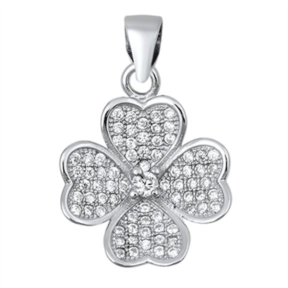 Sterling Silver Heart Studded Four Leaf Clover Pendant Clear Cubic Zirconia Charm Jewelry Female