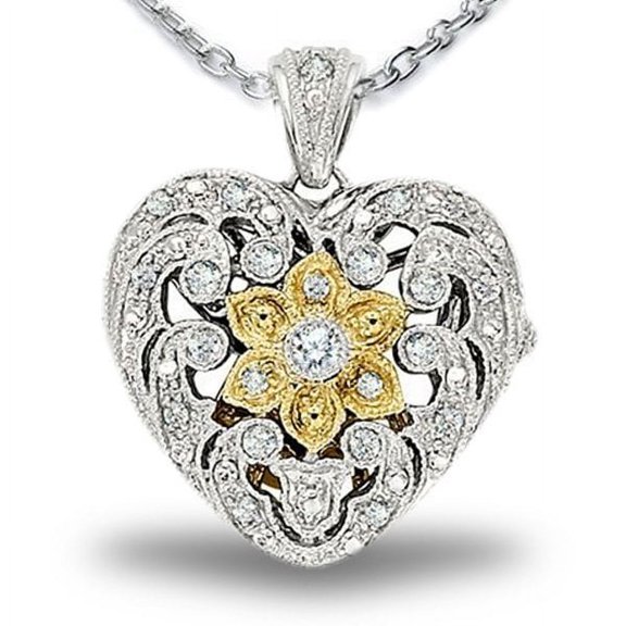 Sterling Silver Heart Two Tone and CZ Locket - 3/4 Inch X 3/4 Inch- Sterling Silver