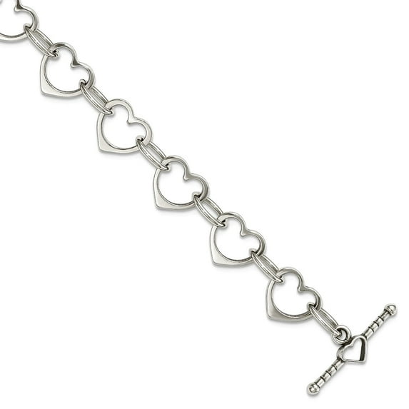 925 Sterling Silver Solid Polished Love Heart and Circle Link Bracelet 7.5 Inch Toggle 10mm Wide Link Bracelet for Women