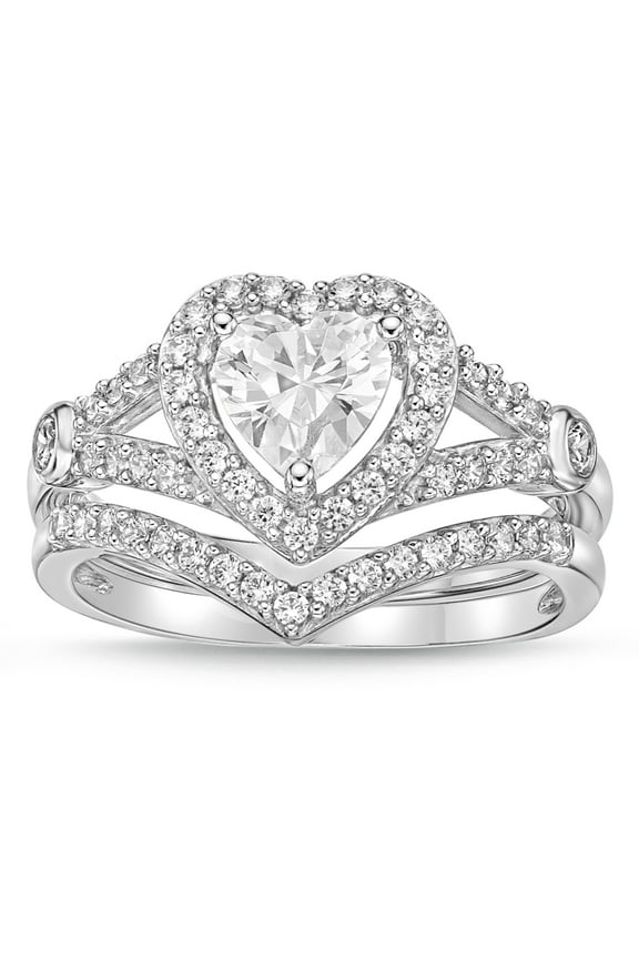 Sterling Silver Heart shape with Halo Simulated Diamond Bridal Set Rings
