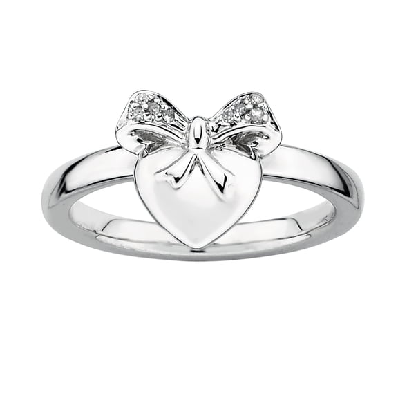 Sterling Silver Heart with Bow Diamond Ring
