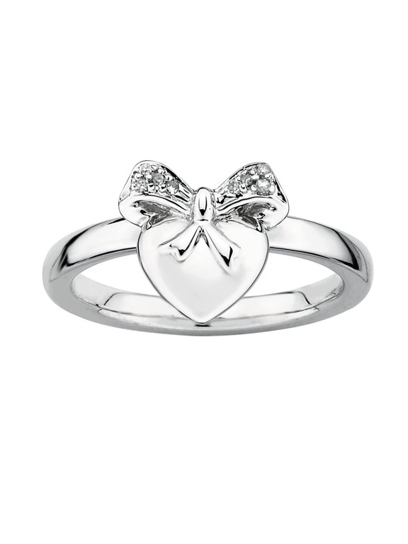 Sterling Silver Heart with Bow Diamond Ring