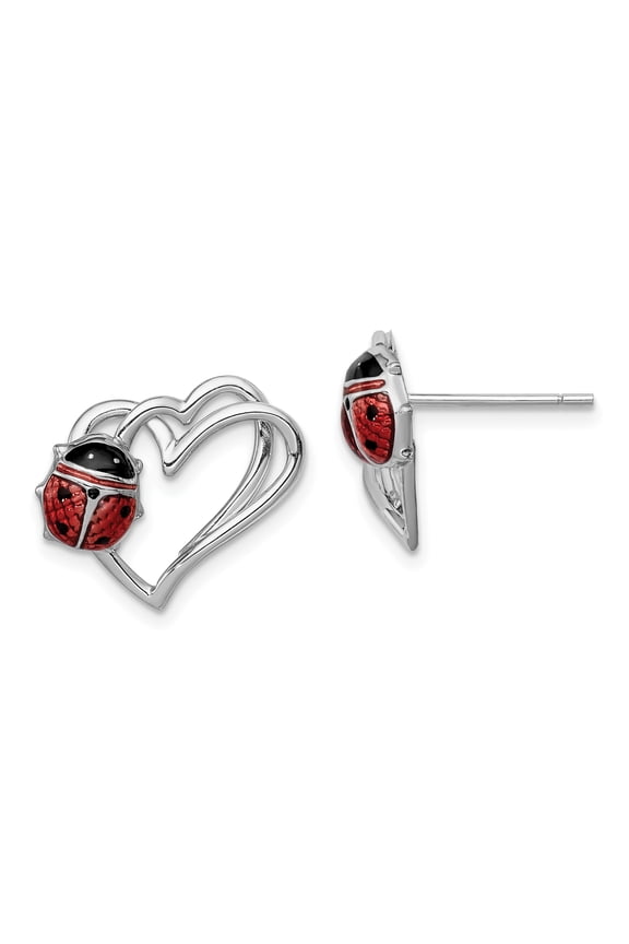 Sterling Silver Heart with Enameled Ladybug Post Earrings Sterling Silver Earrings
