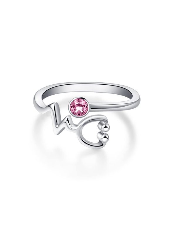Sterling Silver Heartbeat EKG Stethoscope Ring Embellished with Simulated Sapphire Birthstone Crystal from Austria, Medical Jewelry for Doctor Nurse Medical Student RN Nurse Gifts for Women