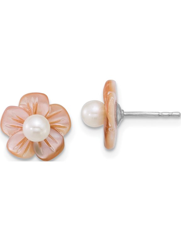Sterling Silver Rhodium-plated 3-4mm White Round Freshwater Cultured Pearl and Pink Mother of Pearl Flower Post Earrings