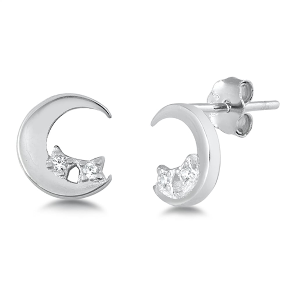 Sterling Silver High Polish Crescent Moon Studded Elegant Star Modern Earrings Clear CZ Female