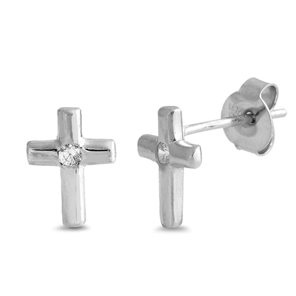 Sterling Silver High Polish Cross Traditional Earrings Clear Cubic Zirconia Jewelry Female Unisex