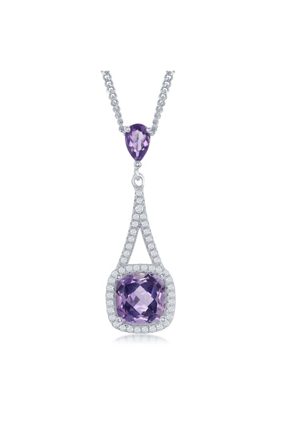 Sterling Silver High Polish Prong-Set Square Amethyst w/ White Topaz Border 17+3'' Necklace
