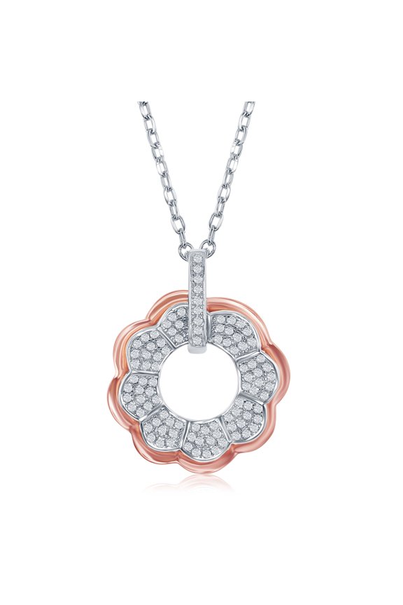 Sterling Silver High Polish Two Tone Cubic Zirconia Pave Flower 16+2'' Necklace