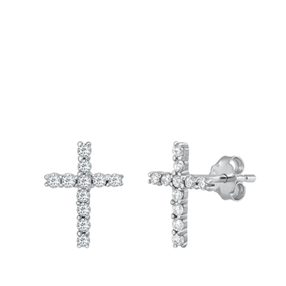 Sterling Silver High Polished Clear CZ Studded Cross Christian Earrings 925 New Jewelry Female