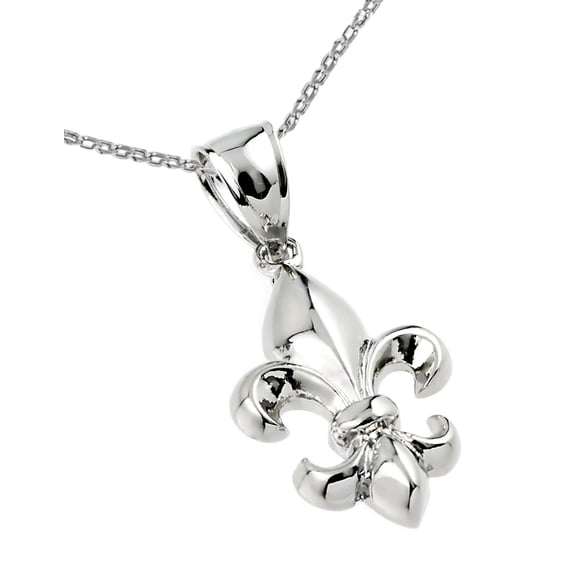 Sterling Silver High Polished French Fleur-de-Lis Charm Pendant Necklace, 18" Chain