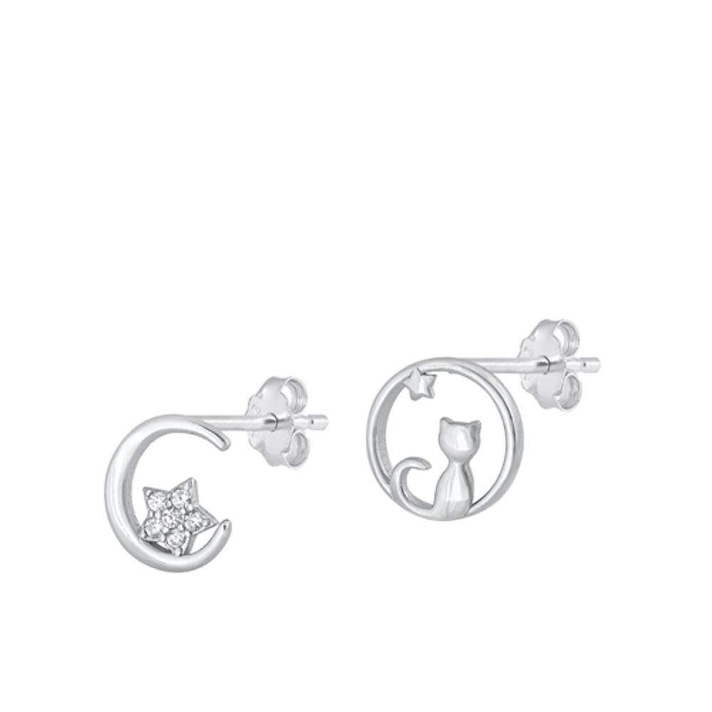 Sterling Silver High Polished Moon & Cat Clear Cubic Zirconia Earrings 925 New Jewelry Female Unisex