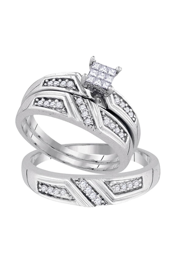 Sterling Silver His Hers Princess Diamond Cluster Matching Wedding Set 1/3 Cttw