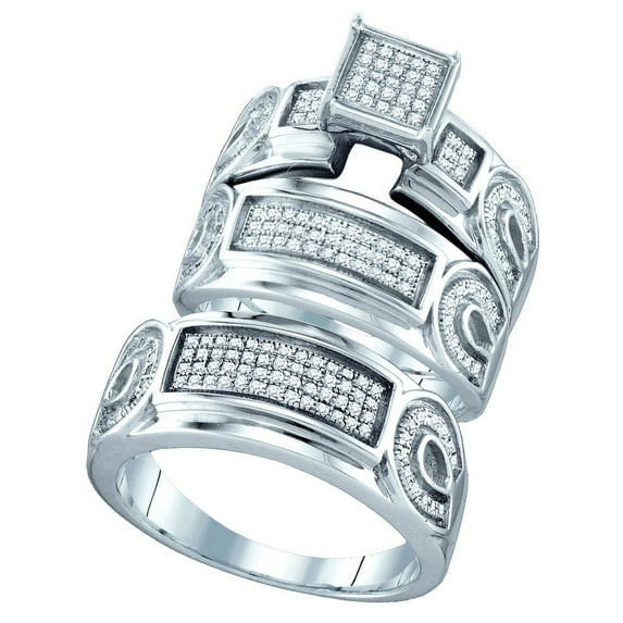 Sterling Silver His & Hers Round Diamond Cluster Matching Bridal Wedding Ring Band Set 1/2 Cttw