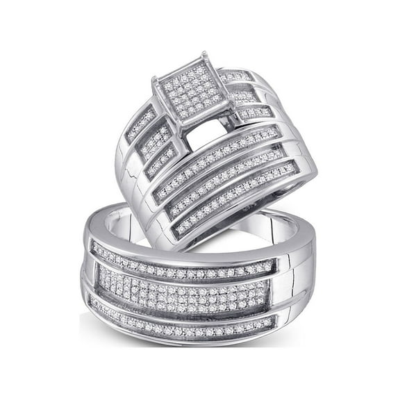 Sterling Silver His Hers Round Diamond Cluster Matching Wedding Set 1/2 Cttw