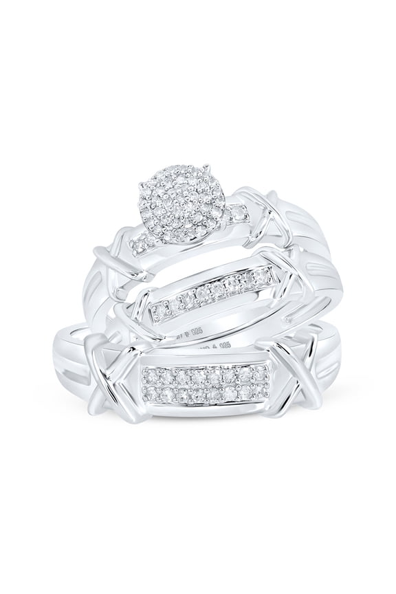 Sterling Silver His Hers Round Diamond Cluster Matching Wedding Set 1/3 Cttw