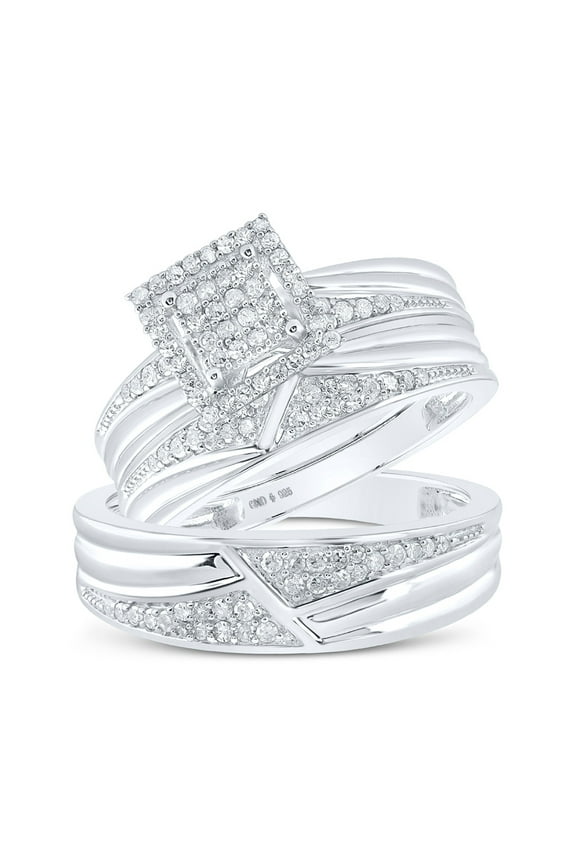 Sterling Silver His Hers Round Diamond Square Matching Wedding Set 1/2 Cttw