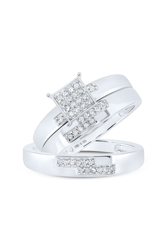 Sterling Silver His Hers Round Diamond Square Matching Wedding Set 1/4 Cttw