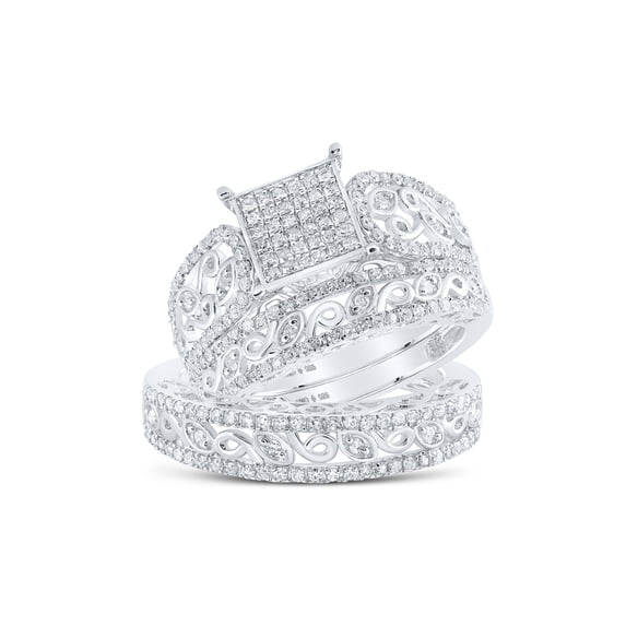 Sterling Silver His Hers Round Diamond Square Matching Wedding Set 1 Cttw