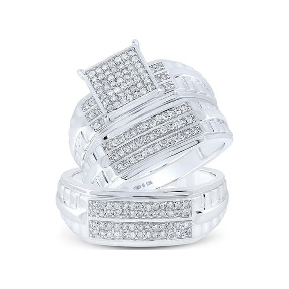 Sterling Silver His Hers Round Diamond Square Matching Wedding Set 5/8 Cttw