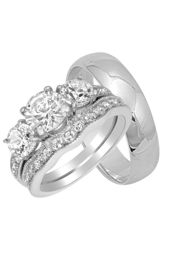 Sterling Silver His Hers Wedding Ring Set TRIO Matching Rings for Him Her Sizes 5/8